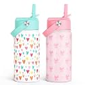 SANDJEST Kid Water Bottle 12oz with Straw Lid - 2-Pack Insulated Stainless Steel Water Bottles for Kids Girls - Travel Cup for School Sports, Bow &amp; Heart