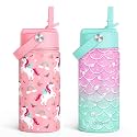 SANDJEST Kid Water Bottle 12oz with Straw Lid - 2-Pack Insulated Stainless Steel Water Bottles for Kids Girls - Travel Cup for Back to School Sports Christmas Birthday (Unicorn &amp; Mermaid Scales)