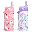 SANDJEST Kids Water Bottle with Straw Lid, Pack of 2 Insulated 12 Oz Stainless Steel Water Bottles for Girls, Travel Cup for School Sports, Unicorn - Mermaid