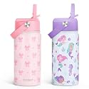 SANDJEST Kids Water Bottle with Straw Lid, Pack of 2 Insulated 12 Oz Stainless Steel Water Bottles for Girls, Travel Cup for School Sports, Bow - Mermaid