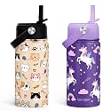 SANDJEST Kids Water Bottle with Straw Lid, Pack of 2 Insulated 12 Oz Stainless Steel Water Bottles for Girls, Travel Cup for School Sports, Cat - Unicorn