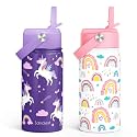 SANDJEST Kids Water Bottle with Straw Lid, Pack of 2 Insulated 12 Oz Stainless Steel Water Bottles for Girls, Travel Cup for School Sports, Unicorn - Rainbow