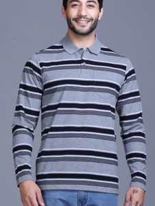 SANE ORIGINALS Striped Men Polo Neck Grey