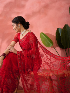 Sangria Embroidered Floral Print Embellished Kalamkari Net