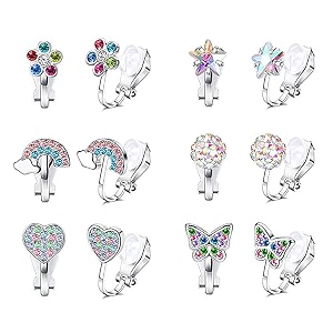 sannidhi 6 pairs silver earrings for girls stylish clip-on princess stud earrings for girls cute shining crystal heart butterfly kids earrings for girls jewelry gift - non-piercied