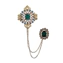 SANNIDHI® Brooch for Men Women Vintage Metal Green Stone Sherwani Brooch Pins, Pearl Crystal Hanging Chain Saree Brooch for Coat/Robe/Gown/Shawl Brooch Lapel Pin