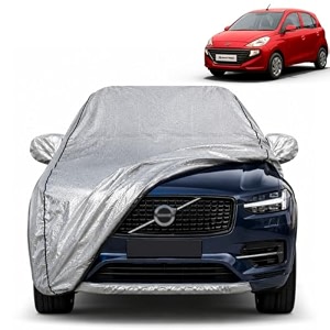 santro 100 waterproof car cover  dustproof sun protection cover  soft cotton lining  triple stitched  mirror pocket  antenna pocket  all weather body cover silver with yellow piping