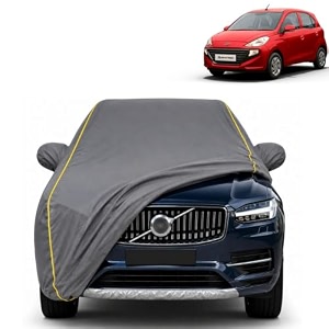 santro 100 waterproof car cover  dustproof sun protection cover  soft cotton lining  triple stitched  mirror pocket  antenna pocket  all weather body cover grey with yellow piping