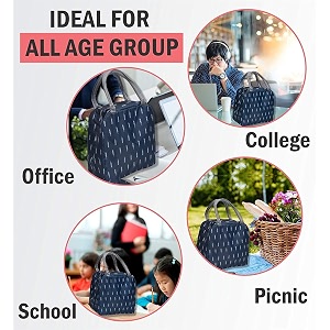 blue feather insulated aluminium foil portable resuable printed nylon lunch bag for office college picnic travel leakproof tote bag for men and women