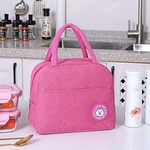 pink insulated aluminium foil portable resuable printed nylon lunch bag for office college picnic travel leakproof tote bag for men and women