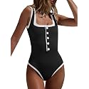 Saodimallsu Womens One Piece Swimsuit Vintage Ribbed Slimming High Cut Color Block Button Square Neck Bathing Suit
