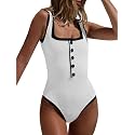 Saodimallsu Womens One Piece Swimsuit Vintage Ribbed Slimming High Cut Color Block Button Square Neck Bathing Suit