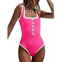 Saodimallsu Womens One Piece Swimsuit Vintage Ribbed Slimming High Cut Color Block Button Square Neck Bathing Suit