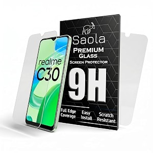 saola crystal clear screen protector for realme c30  9h tempered glass smooth touch full coverage case friendly 2-step installation kit  quick amp easy application pack of 2