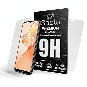 saola crystal clear screen protector for realme c31  9h tempered glass smooth touch full coverage case friendly 2-step installation kit  quick amp easy application pack of 2