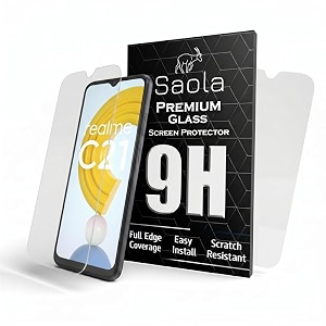 saola crystal clear screen protector for realme c21  9h tempered glass smooth touch full coverage case friendly 2-step installation kit  quick amp easy application pack of 2