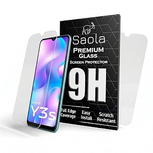 saola crystal clear screen protector for vivo y3s 2021  9h tempered glass smooth touch full coverage case friendly 2-step installation kit  quick amp easy application pack of 2
