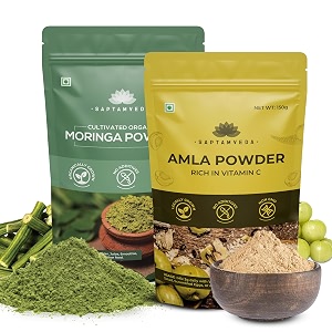 saptamveda 100 organic moringa powder and organic amla powder 150 gms  150 gms - superfood combo pack of 2-300gms  indian gooseberry powder rich in vitamin c