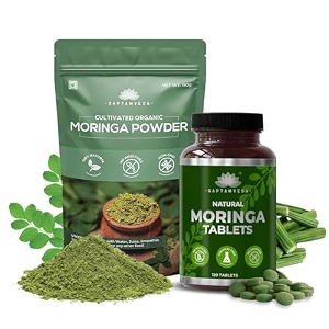 saptamveda organic moringa leaf powder 150gm amp natural moringa tablet - 120 tablets - combo  drumstick leaf powder tablet natural multi-vitamin anti-oxidant  good for hair amp skin