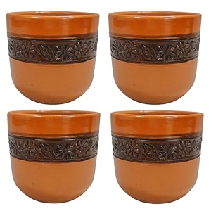 saras aajeevika handmade terracotta khullad cup set of 4 pc - 200mlhandpainted kullar kullad kulhad kullad chaitea cups milk coffee mugs microwave amp dishwasher safe kitchen dining set
