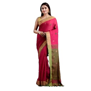 women39s handloom linen saree with zari border and unstitched blouse pink