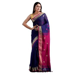 women39s handloom linen saree with zari border and unstitched blouse navy blue