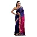 Women's Handloom Linen Saree With Zari Border And Unstitched Blouse (Navy Blue)