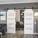 SARTODOORS Sliding Double Barn Doors 36 x 80 inches | Base 1094 White Double Barn Doors/Black Rail | Opaque Glass MDF Modern | Living Room Bedroom