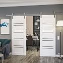 SARTODOORS Sliding Double Barn Doors 84 x 80 inches | Base 1094 White Double Barn Doors/Silver Rail | Opaque Glass MDF Modern | Living Room Bedroom