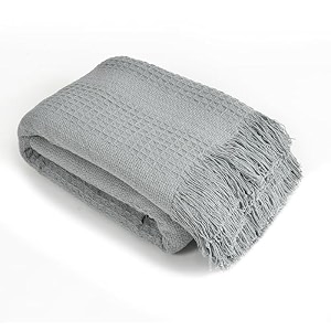 sashaa world grey cotton throw for sofa  textured woven design  soft lightweight amp breathable  fringed sofa cover in solid grey  100 cotton bedcover 200x200 cm