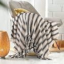 SASHAA WORLD Striped Sofa Throw Medium with Tasselled Edges (Navy Striped, 180 x130 cm)