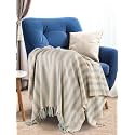 SASHAA WORLD Striped Sofa Throw Medium with Tasselled Edges (Ice Blue Striped, 180 x130 cm)