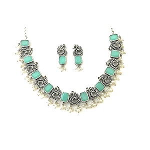 sasitrends classic peacock designer oxidized german silver stone studded jewellery set with earring for women and girls