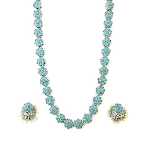 sasitrends classic peacock designer oxidized german silver stone studded jewellery set with earring for women and girls