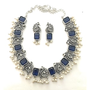 sasitrends classic peacock designer oxidized german silver stone studded jewellery set with earring for women and girls