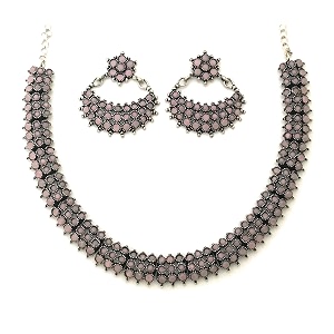 sasitrends classic peacock designer oxidized german silver stone studded jewellery set with earring for women and girls