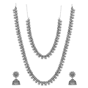 sasitrends classic peacock designer oxidized german silver stone studded jewellery set with earring for women and girls