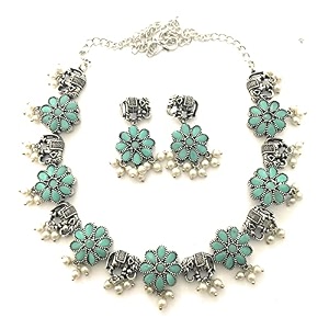 sasitrends classic peacock designer oxidized german silver stone studded jewellery set with earring for women and girls