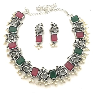 sasitrends classic peacock designer oxidized german silver stone studded jewellery set with earring for women and girls