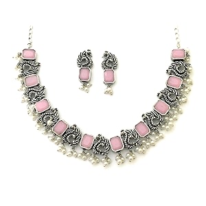 sasitrends classic peacock designer oxidized german silver stone studded jewellery set with earring for women and girls