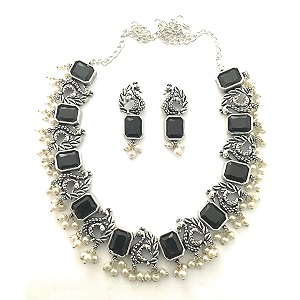 sasitrends classic peacock designer oxidized german silver stone studded jewellery set with earring for women and girls