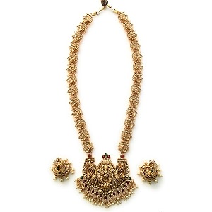 sasitrends traditional gold plated temple jewellery long necklace set with earrings for women and girls- 24 inches