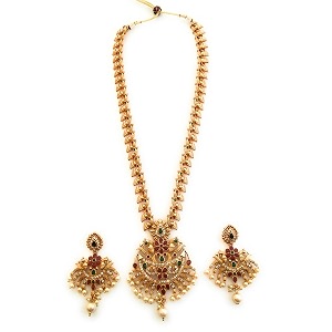 sasitrends traditional gold plated temple jewellery long necklace set with earrings for women and girls- 24 inches