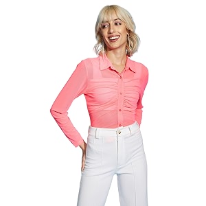 SASSAFRAS Pink Tulle Front Ruched Sheer Shirt