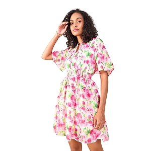 SASSAFRAS Womens Layered Hem Short- Floral Printed