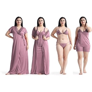 Satin 6 Piece Nightwear Set Coral Pink