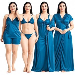 Satin 6 Piece Nightwear Set Coral Pink