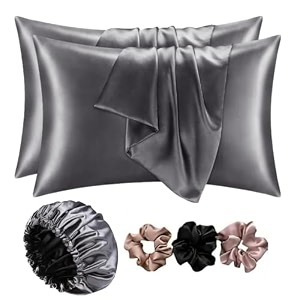 satin bonnet for curly hair with free silk satin pillow covers and scrunchies  silk bonnet for hairbest gift combo of pack of 2 satin pillowcases with 3 silk scrunchies adjustable haircap grey