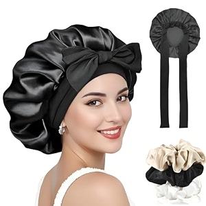 satin bonnet for hair with 3 scrunchies adjustable hair cap for sleeping bonnet for curly hair with wide elastic tie band