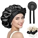 Satin Bonnet for Hair with 3 Scrunchies, Adjustable Hair Cap for Sleeping, Bonnet for Curly Hair with Wide Elastic Tie Band